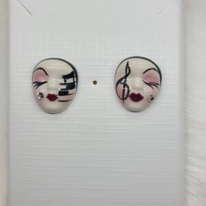 Vintage Fancy Faces Hand Painted Porcelian Music Note Treble Clef Stud Earrings